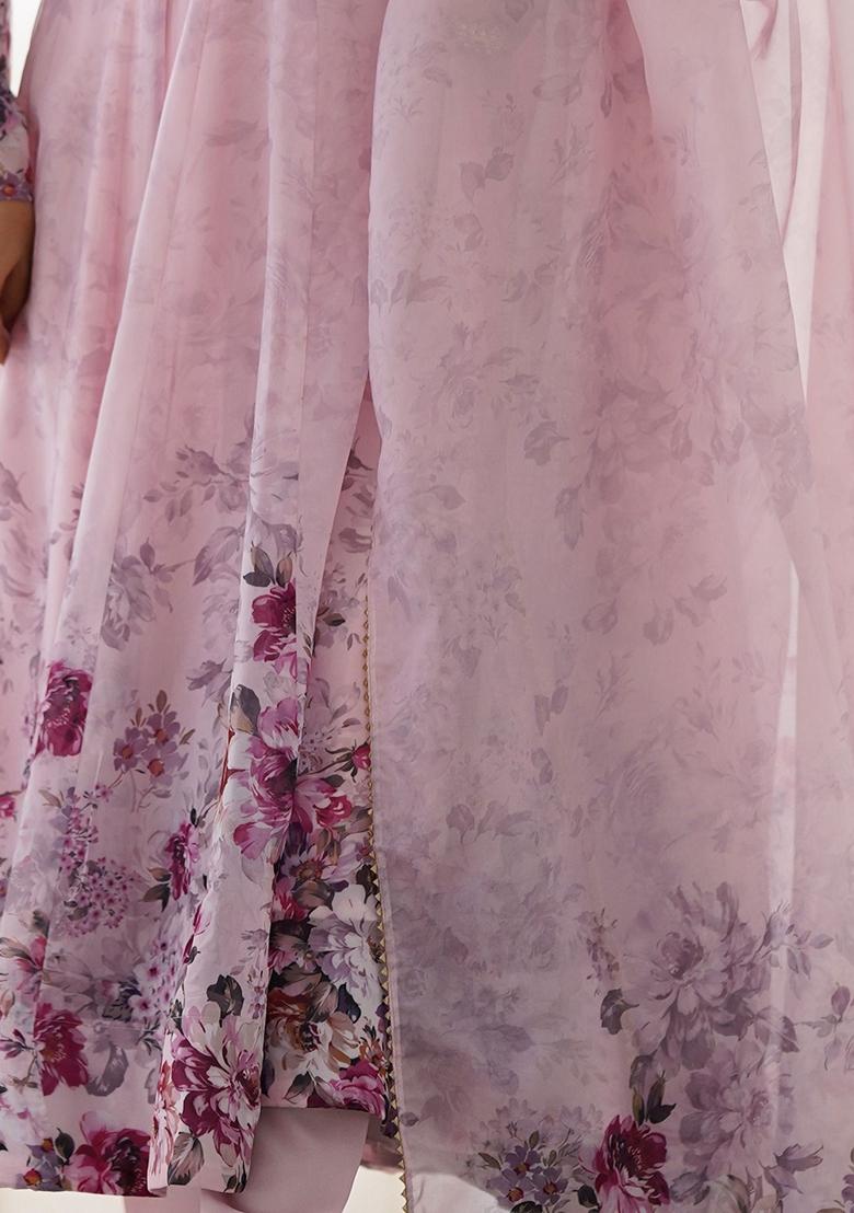 Pink Floral Print Organza Kurta Set