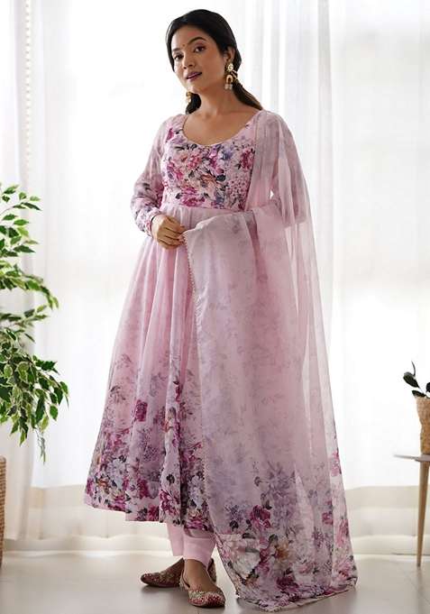 Pink Floral Print Organza Kurta Set