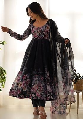 Black Floral Print Organza Kurta Set