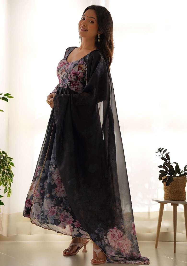 Black Floral Print Organza Kurta Set - Indya