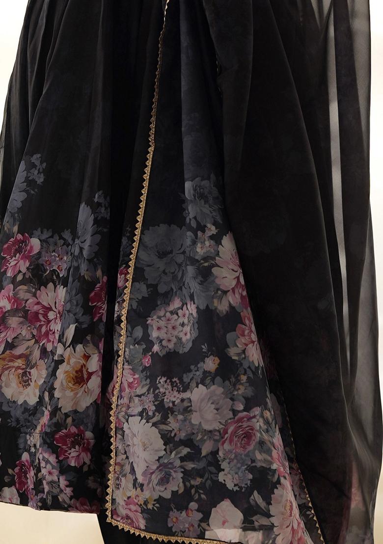 Black Floral Print Organza Kurta Set