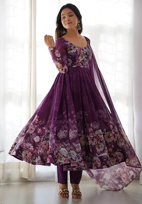 Purple Floral Print Organza Kurta Set