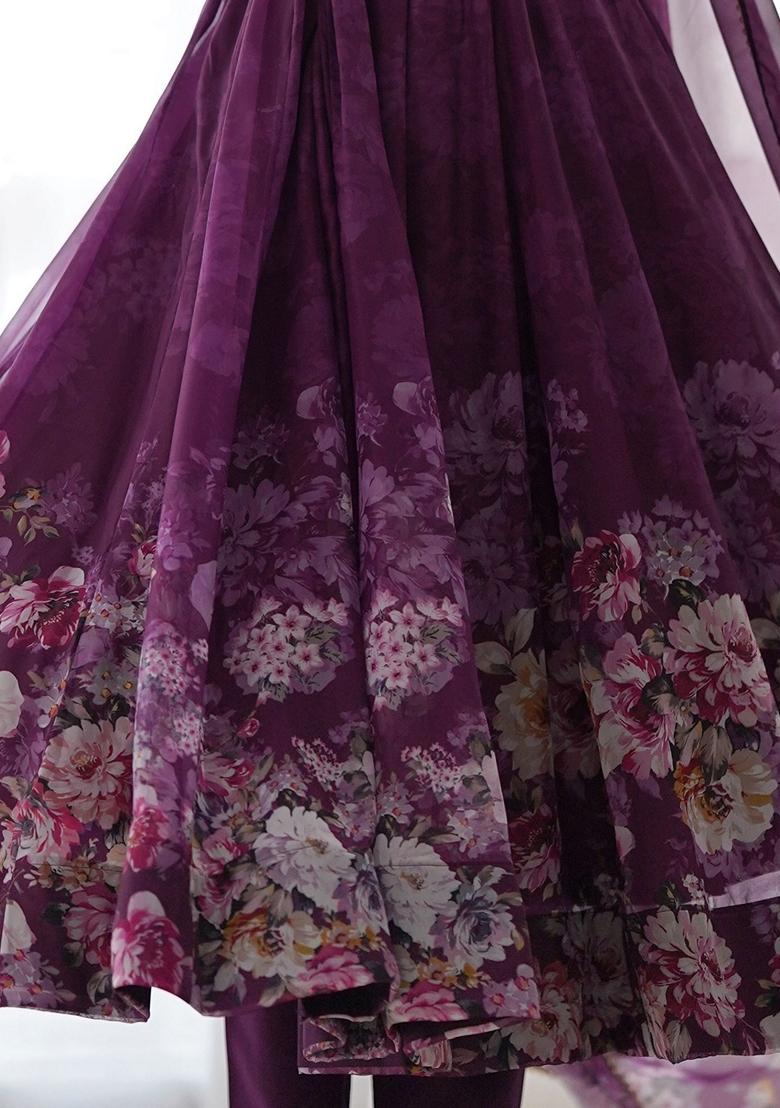 Purple Floral Print Organza Kurta Set