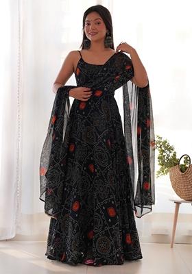 Black Bandhani Print Net Anarkali Set