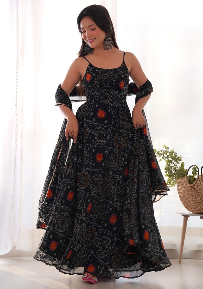 Black Bandhani Print Net Anarkali Set