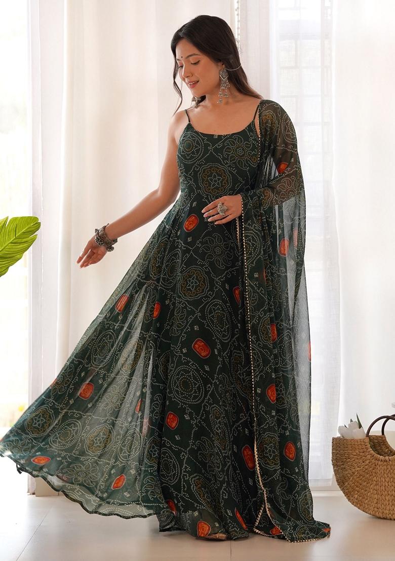 Green Bandhani Print Chiffon Anarkali Set