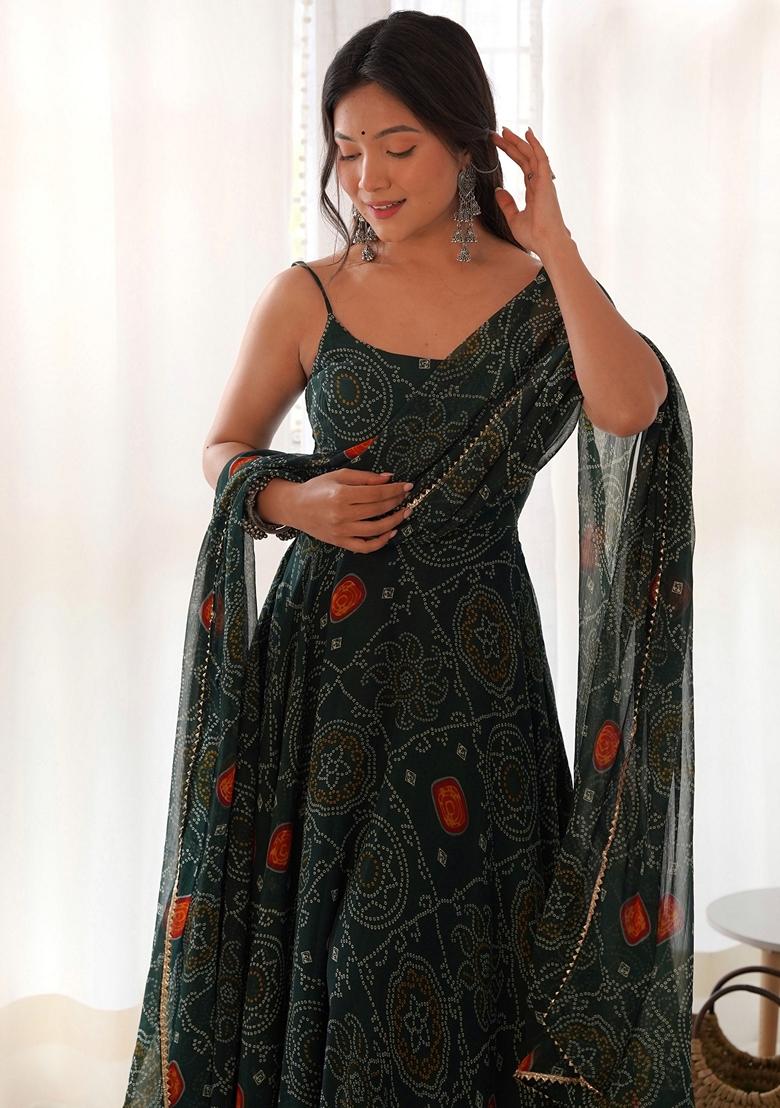 Green Bandhani Print Chiffon Anarkali Set