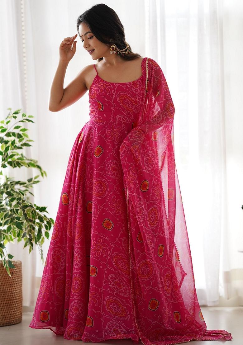 Pink Bandhani Print Chiffon Anarkali Set