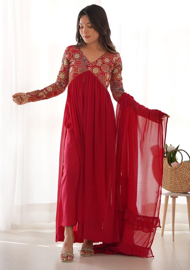 Red Embroidered Georgette Kurta Set