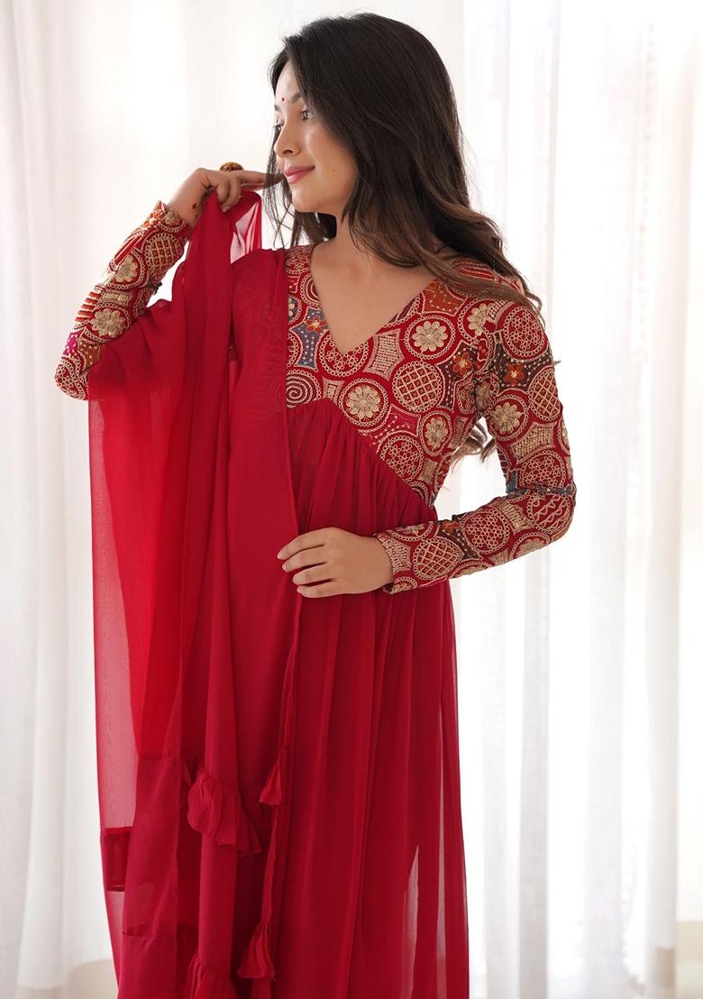 Red Embroidered Georgette Kurta Set
