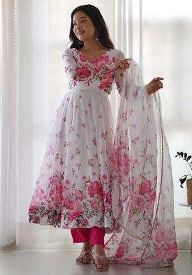White Floral Print Organza Kurta Set