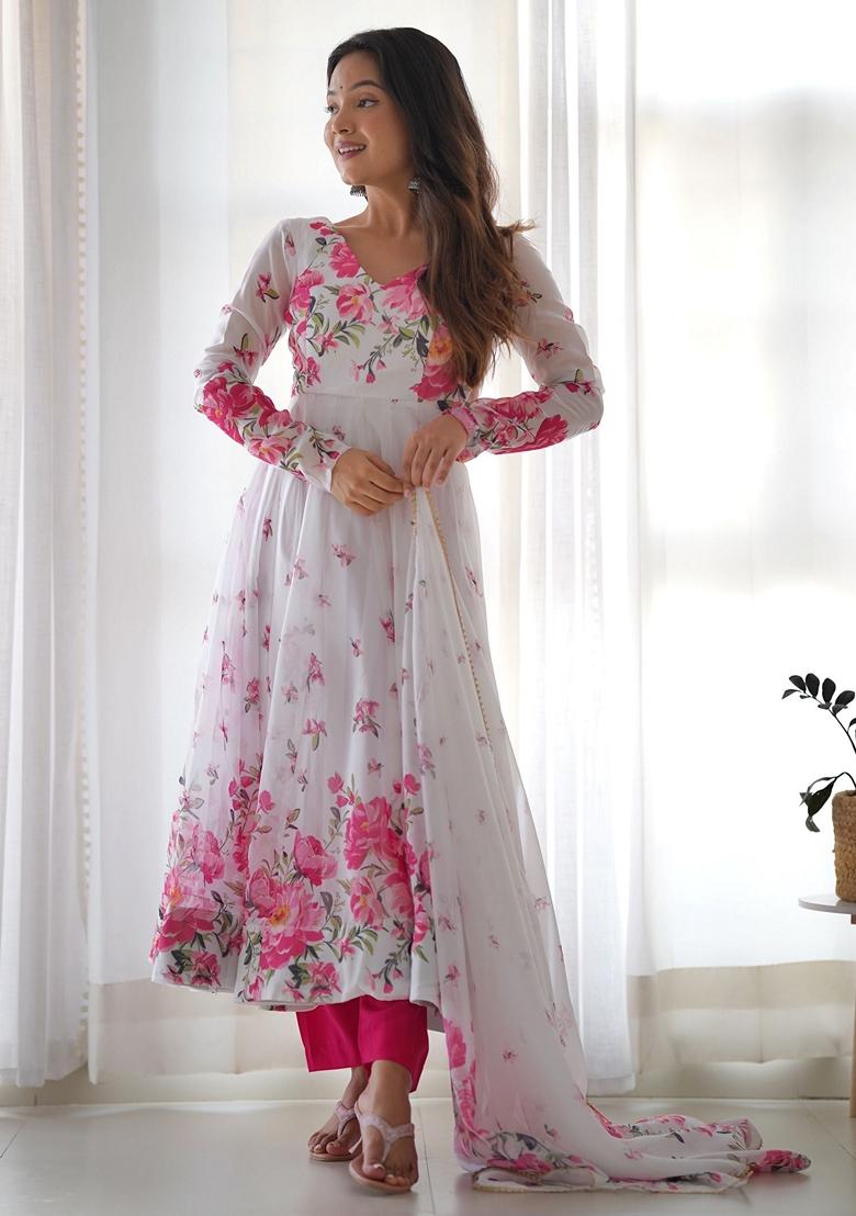 White Floral Print Organza Kurta Set