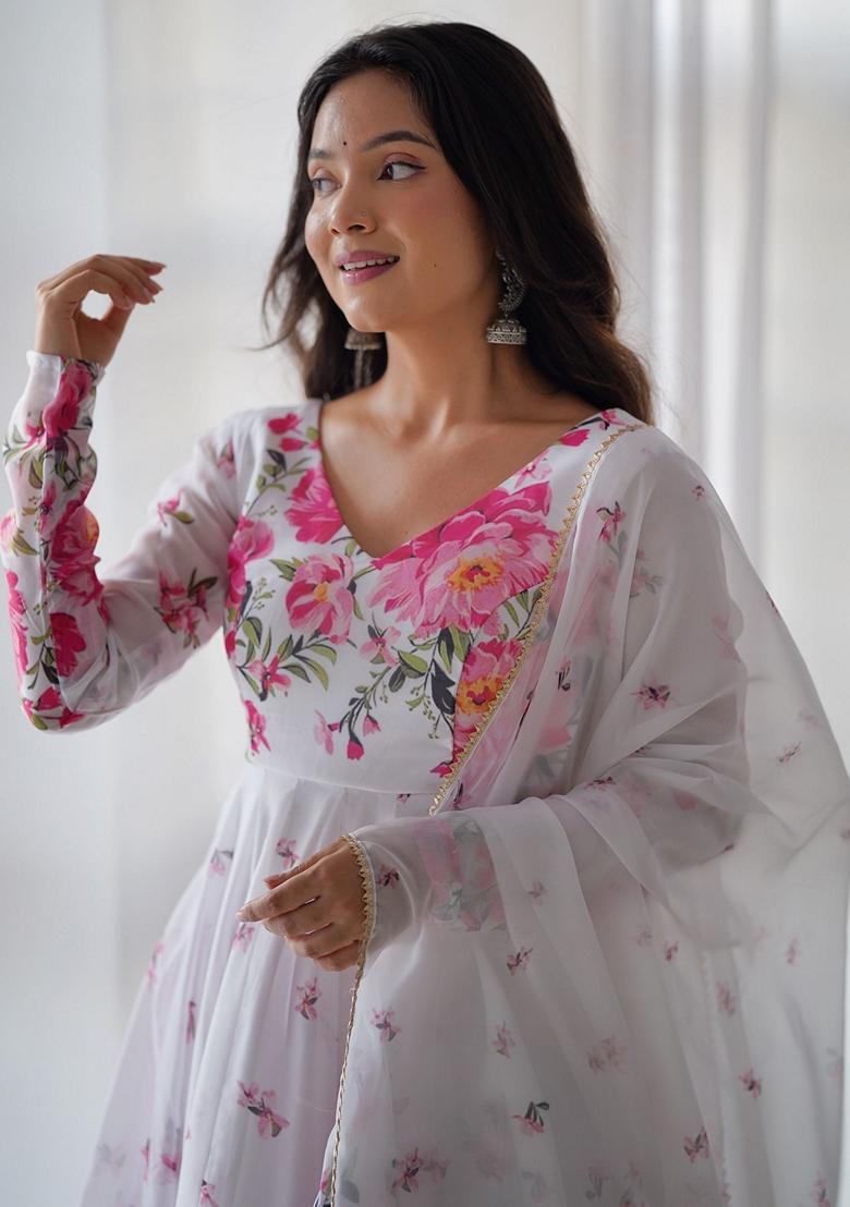 White Floral Print Organza Kurta Set