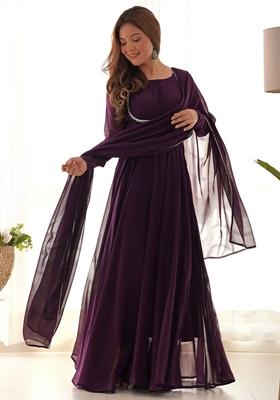 Purple Embroidered Georgette Anarkali Set