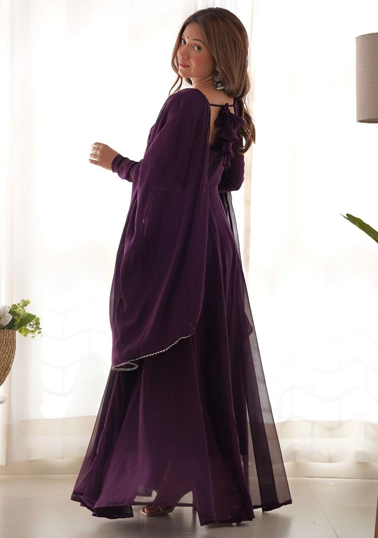 Purple Embroidered Georgette Anarkali Set