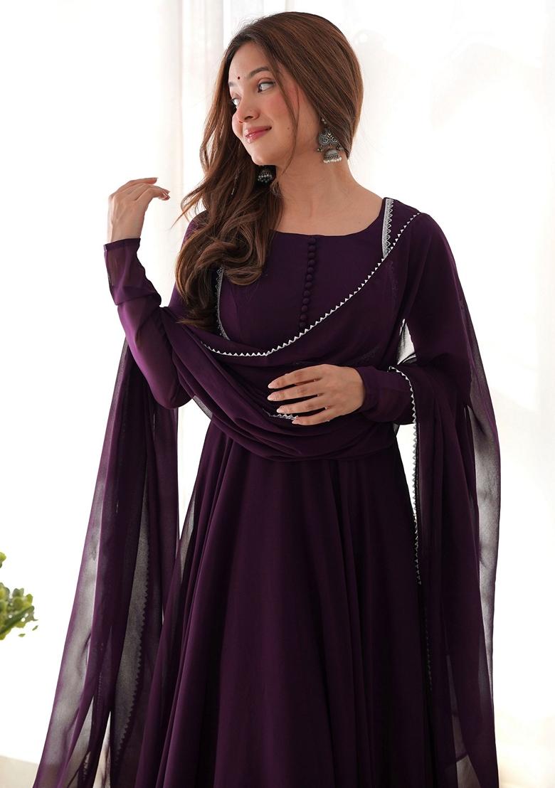 Purple Embroidered Georgette Anarkali Set