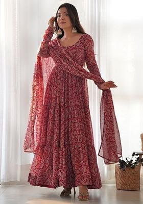 Red Digital Print Georgette Anarkali Set