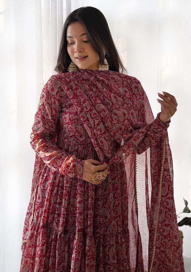 Red Digital Print Georgette Anarkali Set