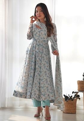 Off White Digital Print Chiffon Kurta Set