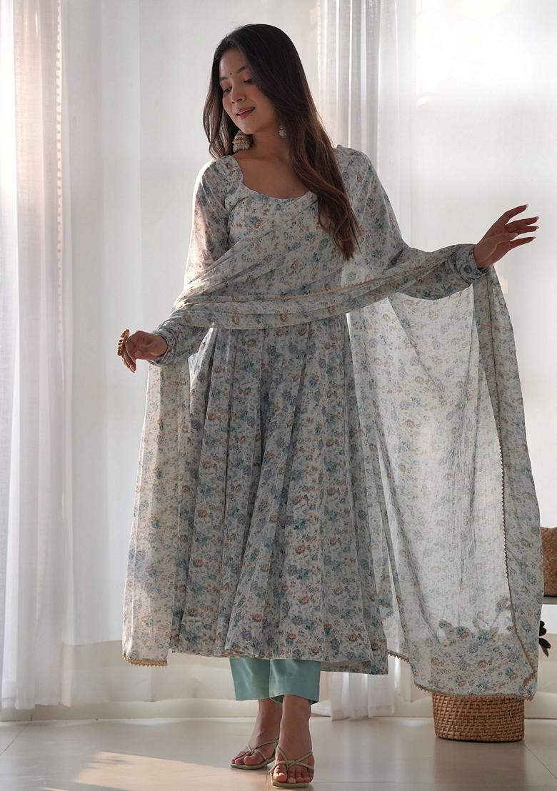 Off White Digital Print Chiffon Kurta Set