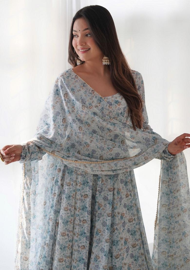 Off White Digital Print Chiffon Kurta Set