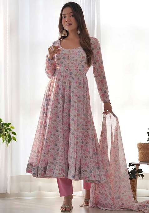 Pink Digital Print Chiffon Kurta Set