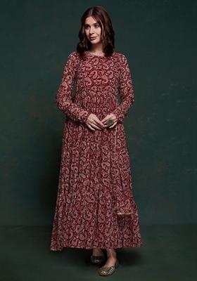 Maroon Digital Print Organza Anarkali Set