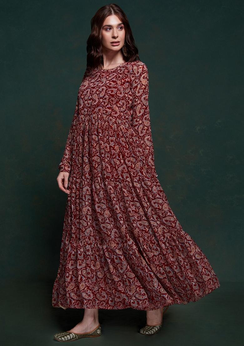 Maroon Digital Print Organza Anarkali Set