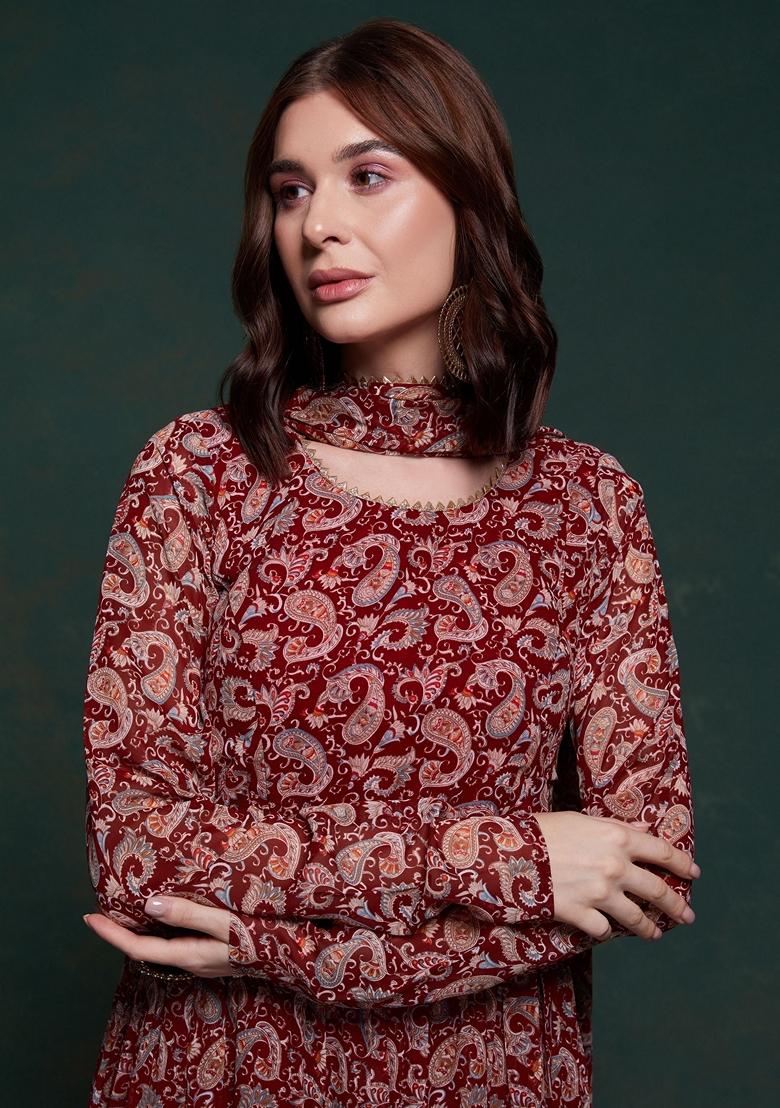 Maroon Digital Print Organza Anarkali Set