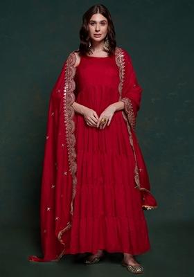Red Embroidered Georgette Anarkali Set