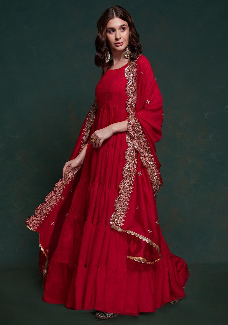 Red Embroidered Georgette Anarkali Set