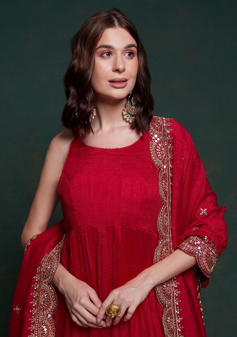 Red Embroidered Georgette Anarkali Set