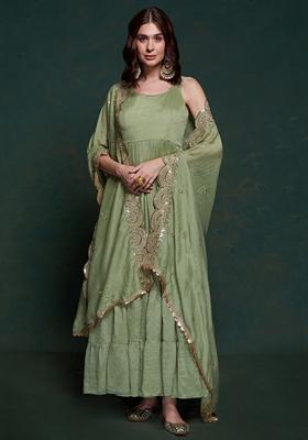 Green Embroidered Georgette Anarkali Set