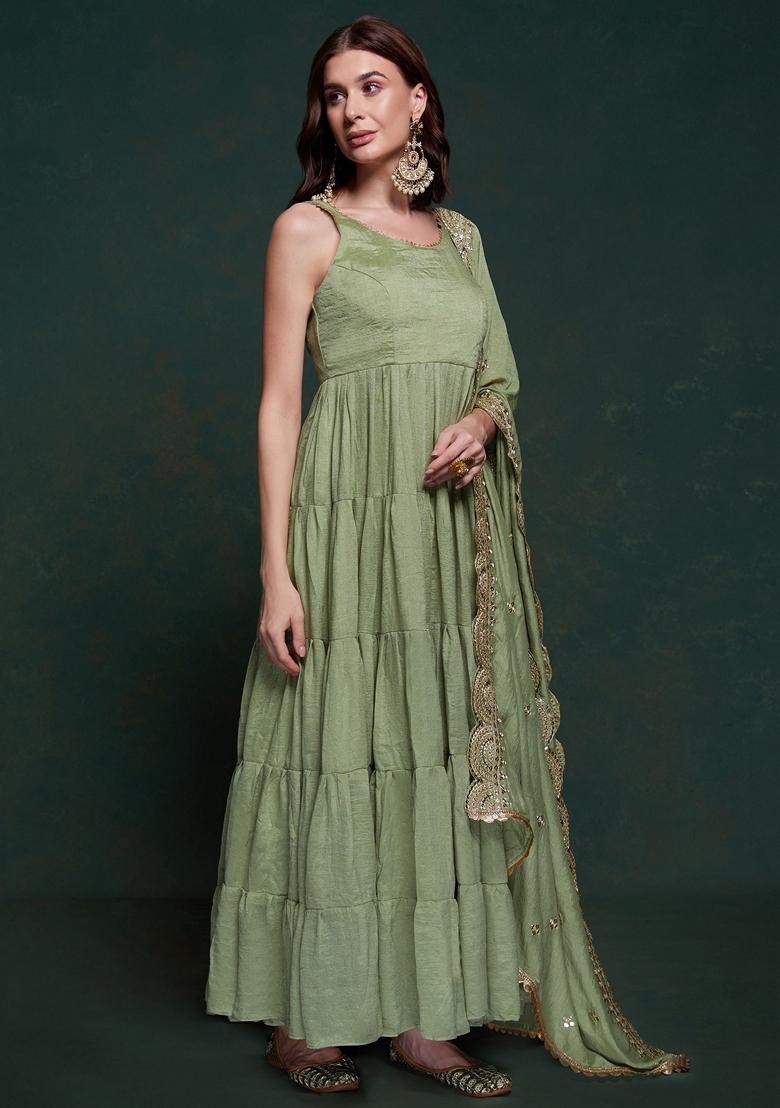 Green Embroidered Georgette Anarkali Set