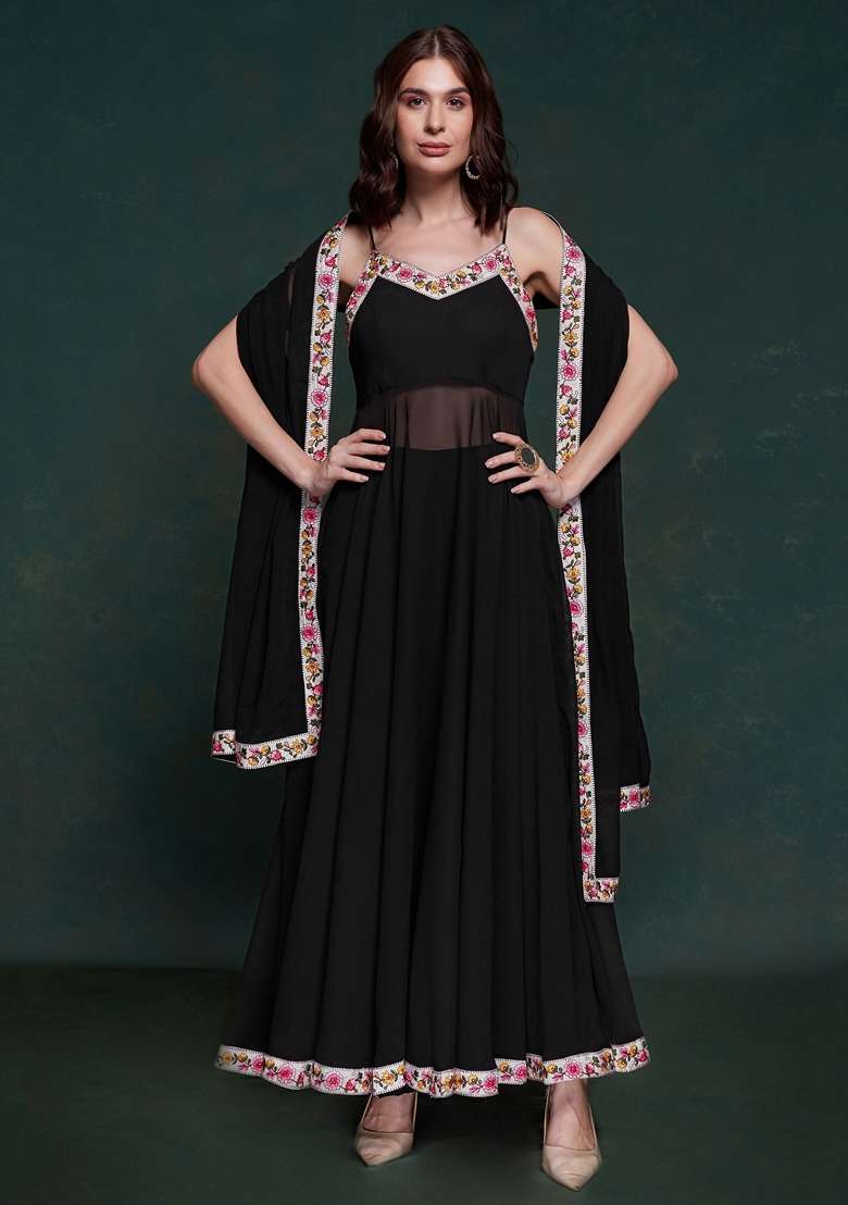 Black Embroidered Georgette Kurta Set - Indya