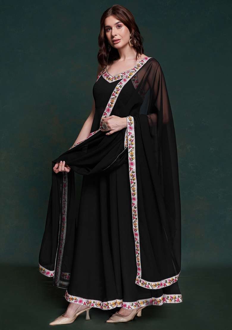 Black Embroidered Georgette Kurta Set - Indya