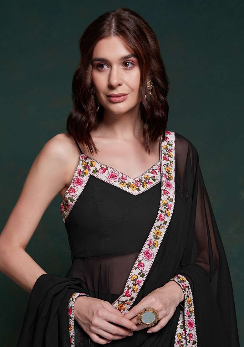 Black Embroidered Georgette Kurta Set - Indya