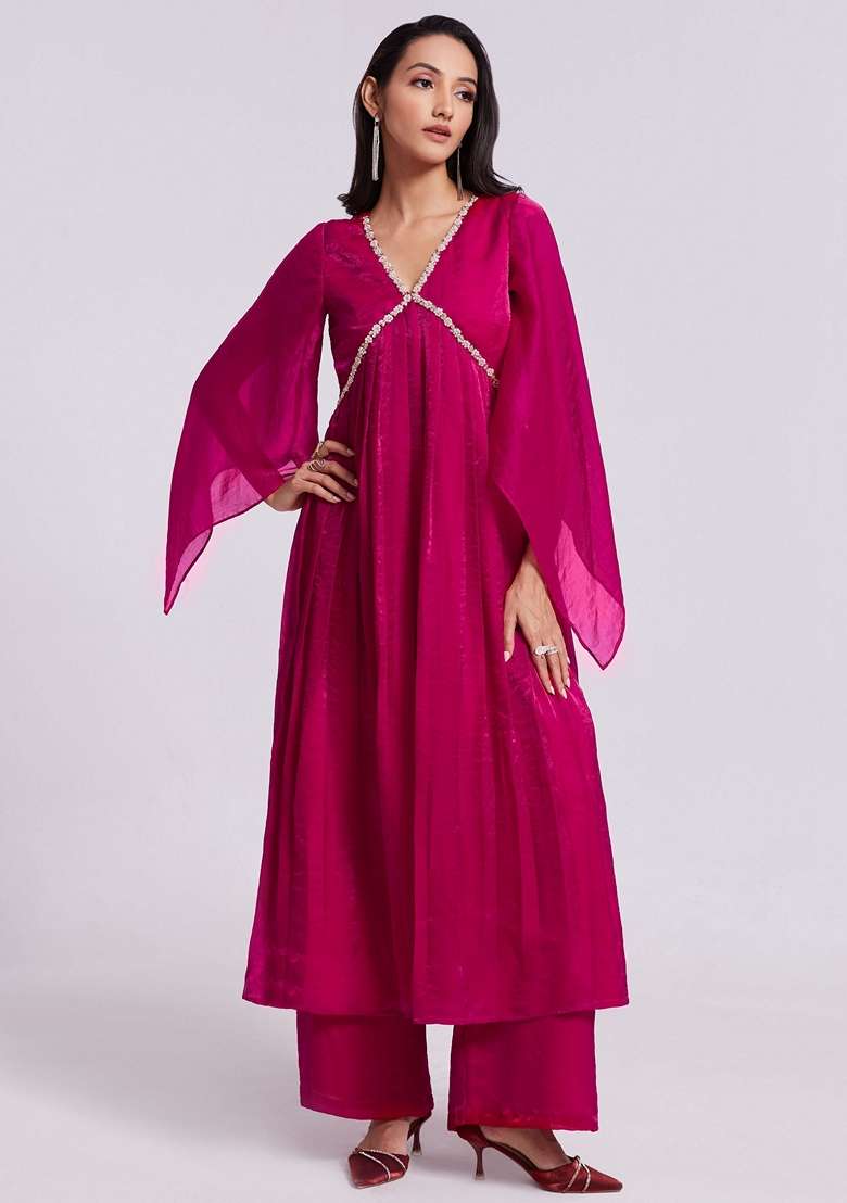 Pink Lace Work Organza Kurta Set - Indya