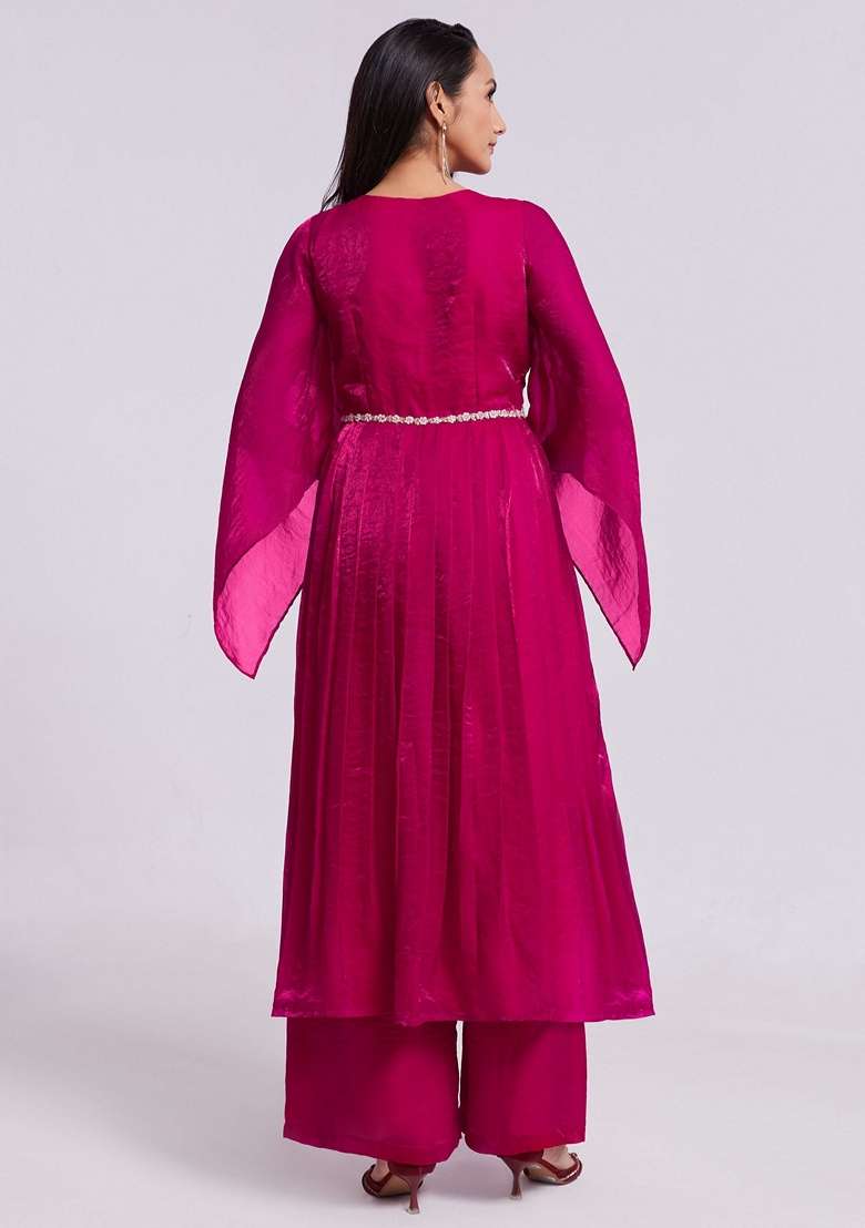Pink Lace Work Organza Kurta Set - Indya