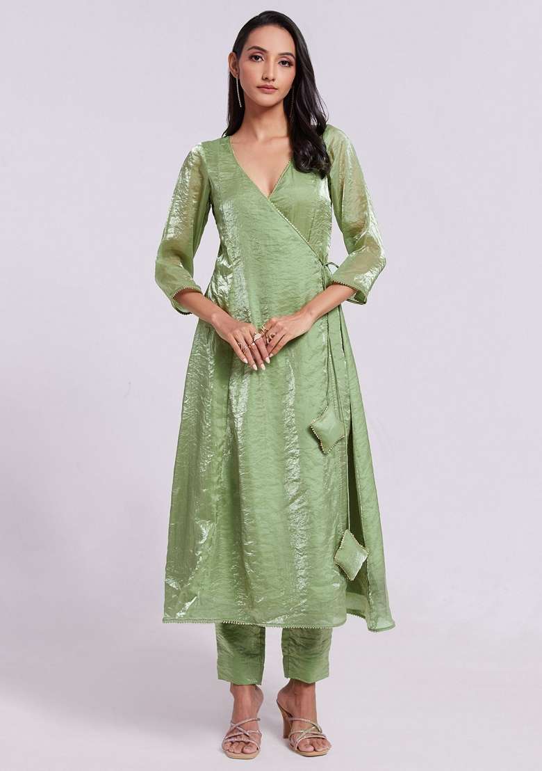 Green Embroidered Organza Dresses - Indya