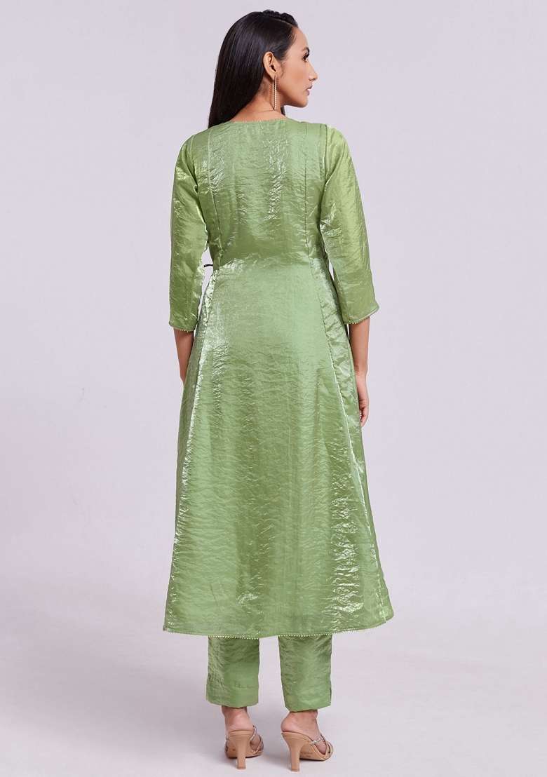 Green Embroidered Organza Dresses - Indya