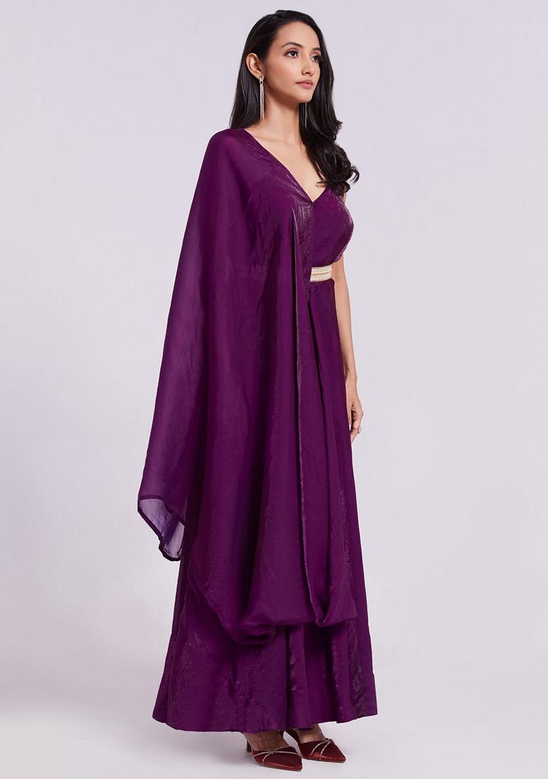 Purple Embroidered Organza Anarkali Set