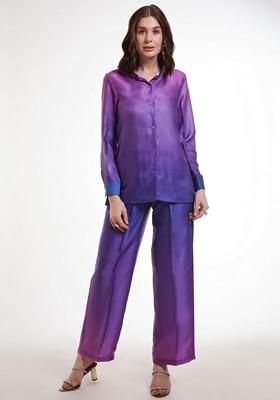 Purple Embroidered Satin Fusion Set