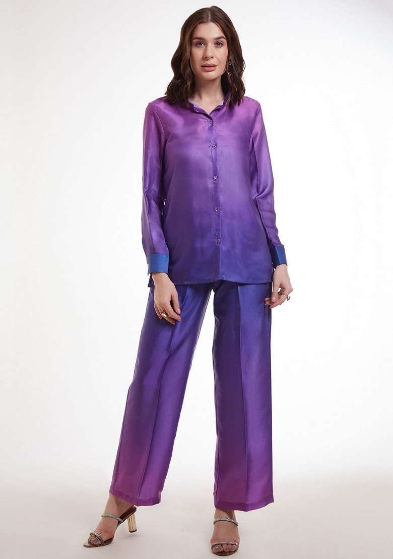 Purple Embroidered Satin Fusion Set - Indya