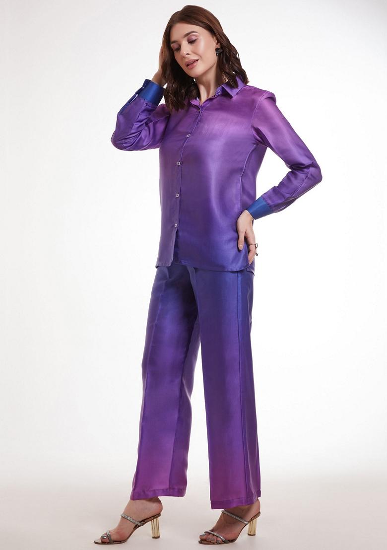 Purple Embroidered Satin Fusion Set