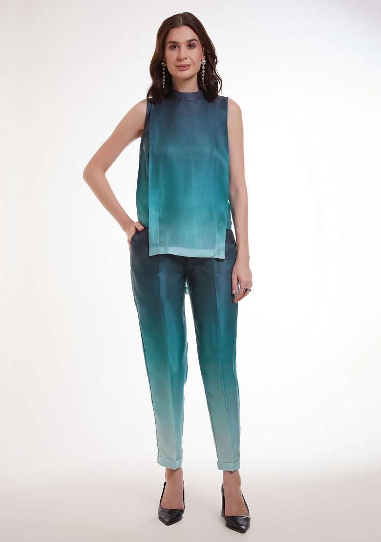 Blue Printed Satin Fusion Set - Indya