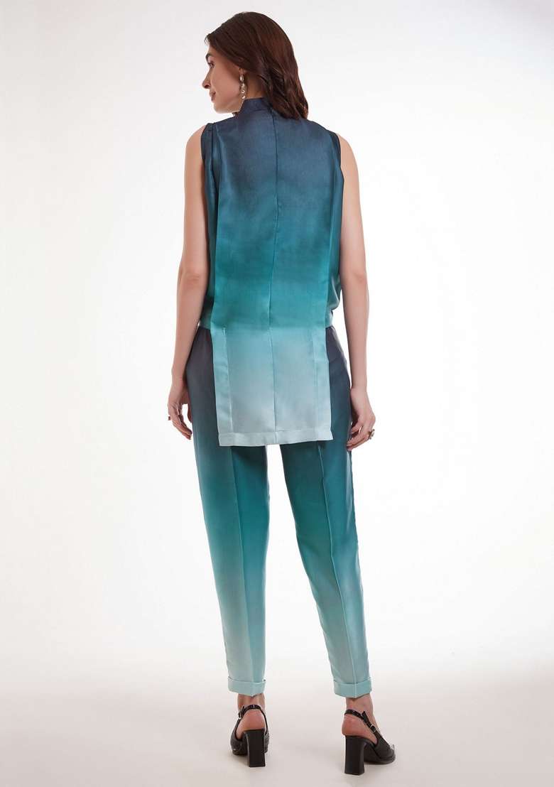 Blue Printed Satin Fusion Set - Indya