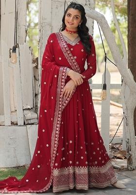 Maroon Embroidered Georgette Anarkali Set