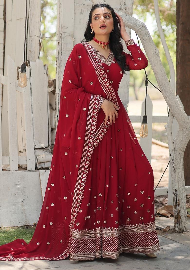 Maroon Embroidered Georgette Anarkali Set