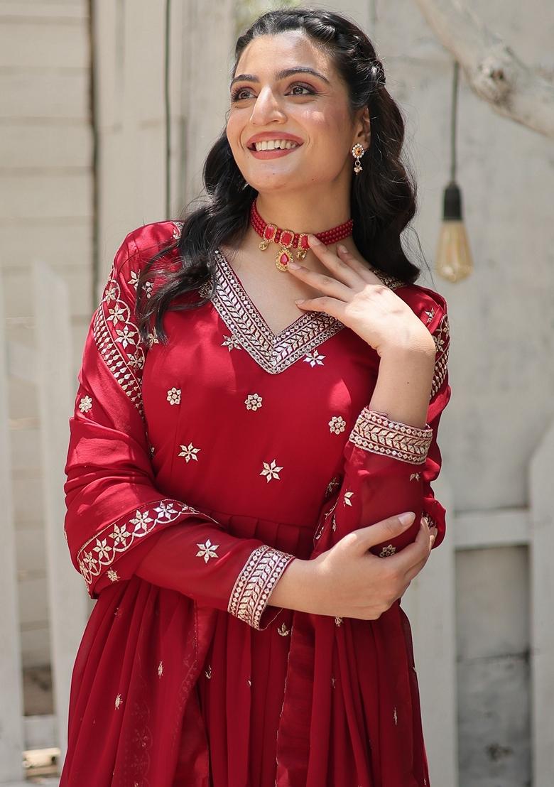 Maroon Embroidered Georgette Anarkali Set
